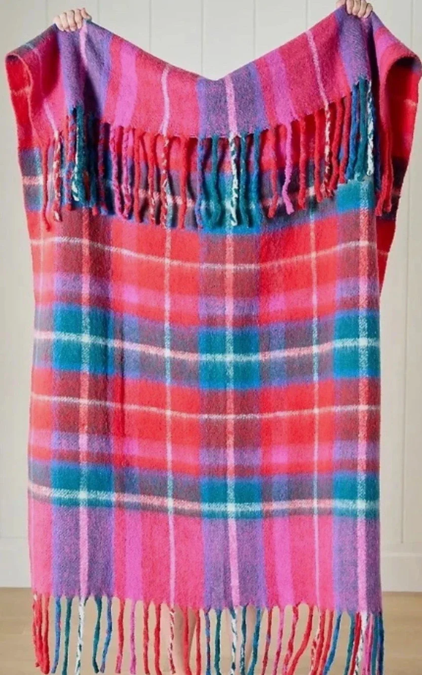 ANTHROPOLOGIE Blanket Tartan Wool Plaid Throw Fringed Red 50